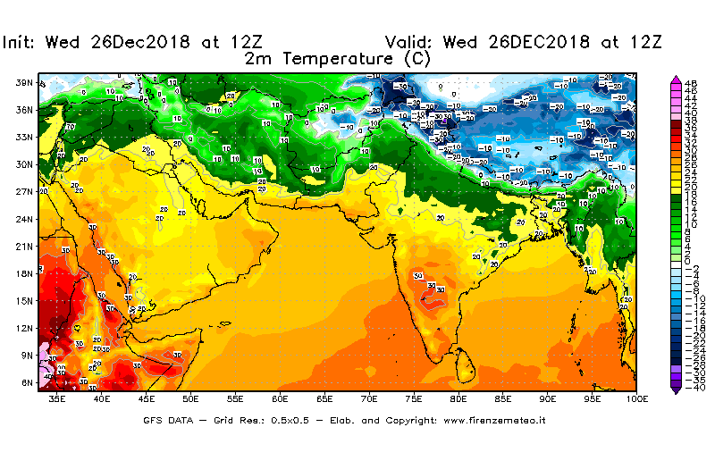 Mappa di analisi GFS - Temperatura a 2 metri dal suolo [°C] in Asia Sud-Occidentale
							del 26/12/2018 12 <!--googleoff: index-->UTC<!--googleon: index-->