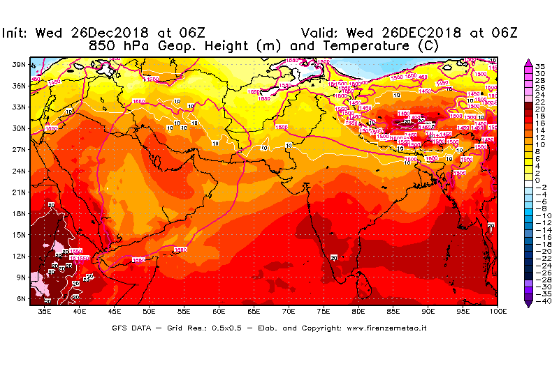 Mappa di analisi GFS - Geopotenziale [m] e Temperatura [°C] a 850 hPa in Asia Sud-Occidentale
							del 26/12/2018 06 <!--googleoff: index-->UTC<!--googleon: index-->