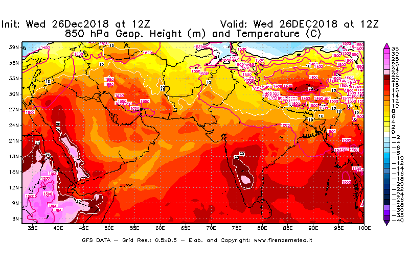 Mappa di analisi GFS - Geopotenziale [m] e Temperatura [°C] a 850 hPa in Asia Sud-Occidentale
							del 26/12/2018 12 <!--googleoff: index-->UTC<!--googleon: index-->