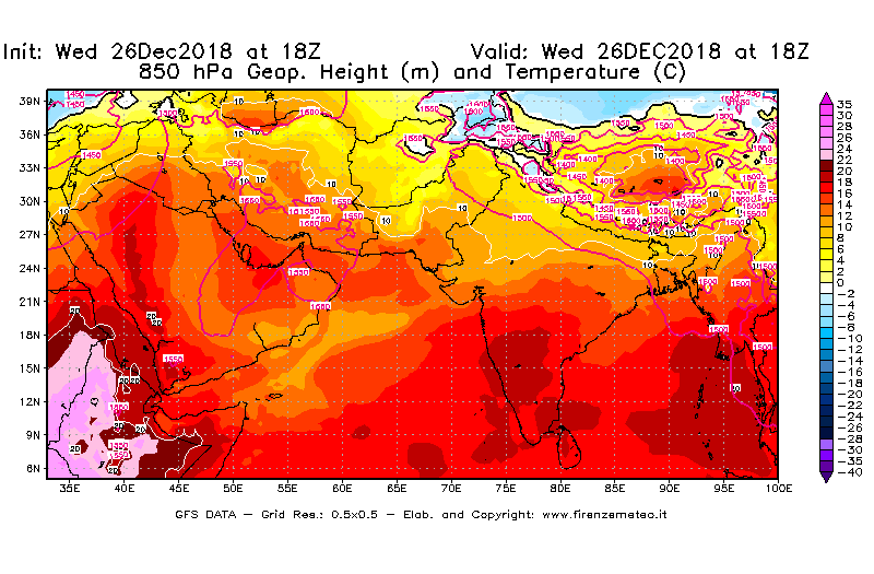 Mappa di analisi GFS - Geopotenziale [m] e Temperatura [°C] a 850 hPa in Asia Sud-Occidentale
							del 26/12/2018 18 <!--googleoff: index-->UTC<!--googleon: index-->