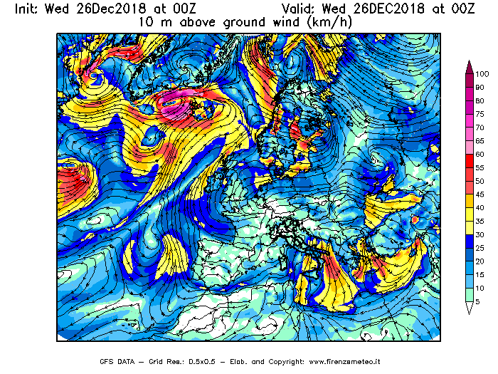 Mappa di analisi GFS - Velocità del vento a 10 metri dal suolo [km/h] in Europa
							del 26/12/2018 00 <!--googleoff: index-->UTC<!--googleon: index-->