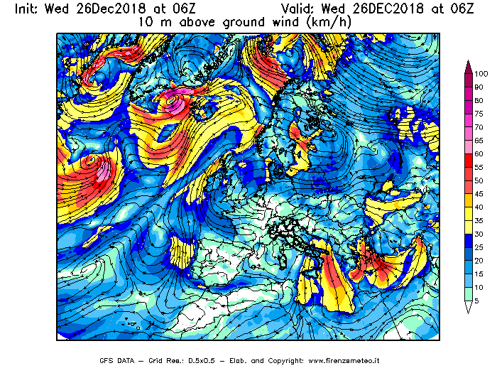Mappa di analisi GFS - Velocità del vento a 10 metri dal suolo [km/h] in Europa
							del 26/12/2018 06 <!--googleoff: index-->UTC<!--googleon: index-->
