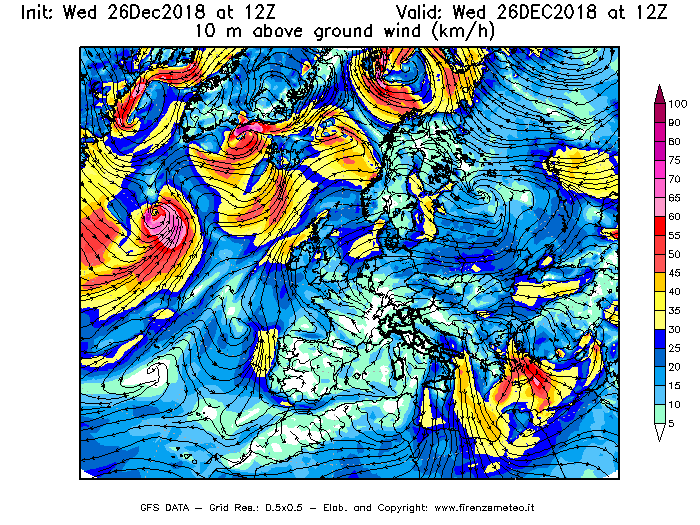 Mappa di analisi GFS - Velocità del vento a 10 metri dal suolo [km/h] in Europa
							del 26/12/2018 12 <!--googleoff: index-->UTC<!--googleon: index-->
