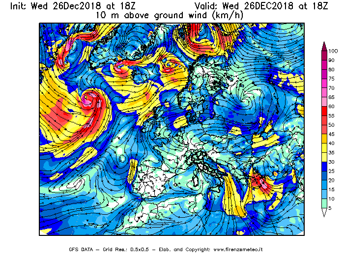 Mappa di analisi GFS - Velocità del vento a 10 metri dal suolo [km/h] in Europa
							del 26/12/2018 18 <!--googleoff: index-->UTC<!--googleon: index-->
