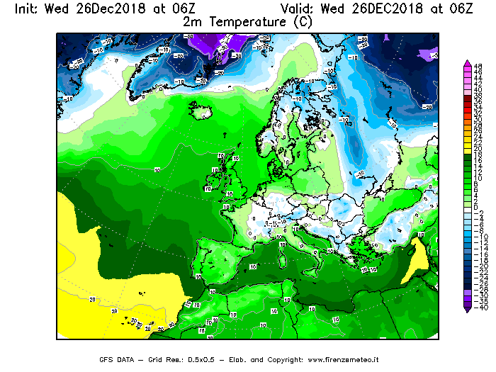 Mappa di analisi GFS - Temperatura a 2 metri dal suolo [°C] in Europa
							del 26/12/2018 06 <!--googleoff: index-->UTC<!--googleon: index-->