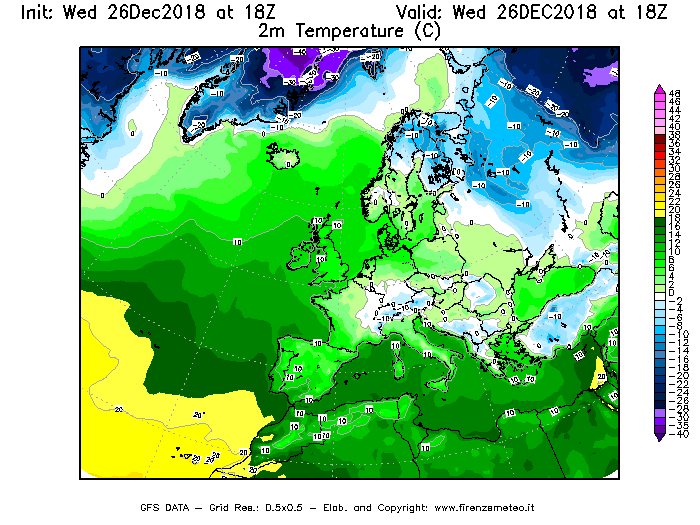 Mappa di analisi GFS - Temperatura a 2 metri dal suolo [°C] in Europa
							del 26/12/2018 18 <!--googleoff: index-->UTC<!--googleon: index-->