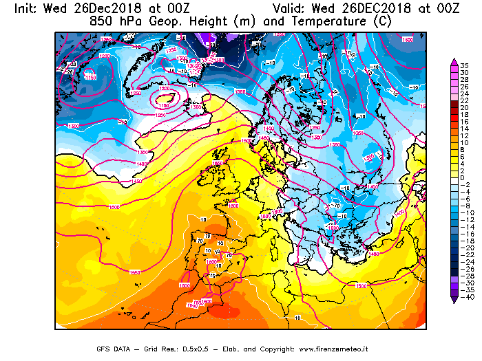 Mappa di analisi GFS - Geopotenziale [m] e Temperatura [°C] a 850 hPa in Europa
							del 26/12/2018 00 <!--googleoff: index-->UTC<!--googleon: index-->