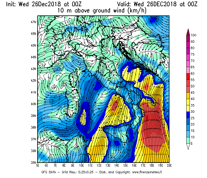 Mappa di analisi GFS - Velocità del vento a 10 metri dal suolo [km/h] in Italia
							del 26/12/2018 00 <!--googleoff: index-->UTC<!--googleon: index-->