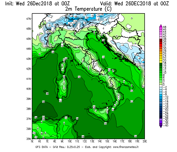 Mappa di analisi GFS - Temperatura a 2 metri dal suolo [°C] in Italia
							del 26/12/2018 00 <!--googleoff: index-->UTC<!--googleon: index-->