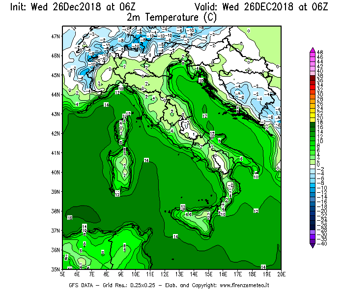 Mappa di analisi GFS - Temperatura a 2 metri dal suolo [°C] in Italia
							del 26/12/2018 06 <!--googleoff: index-->UTC<!--googleon: index-->
