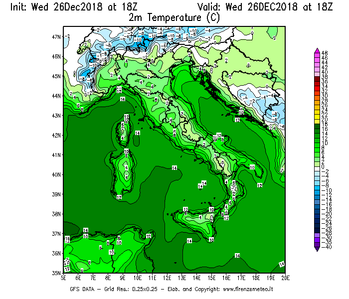 Mappa di analisi GFS - Temperatura a 2 metri dal suolo [°C] in Italia
							del 26/12/2018 18 <!--googleoff: index-->UTC<!--googleon: index-->