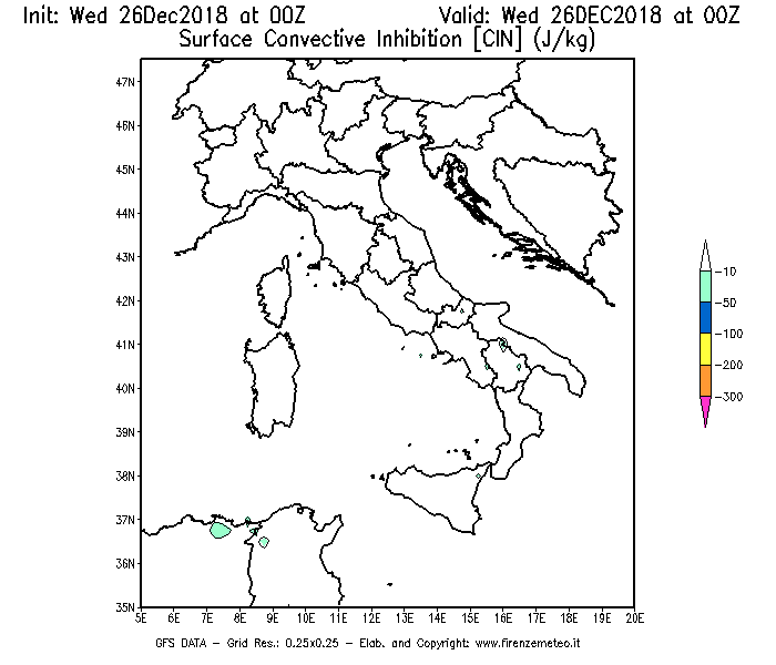 Mappa di analisi GFS - CIN [J/kg] in Italia
							del 26/12/2018 00 <!--googleoff: index-->UTC<!--googleon: index-->
