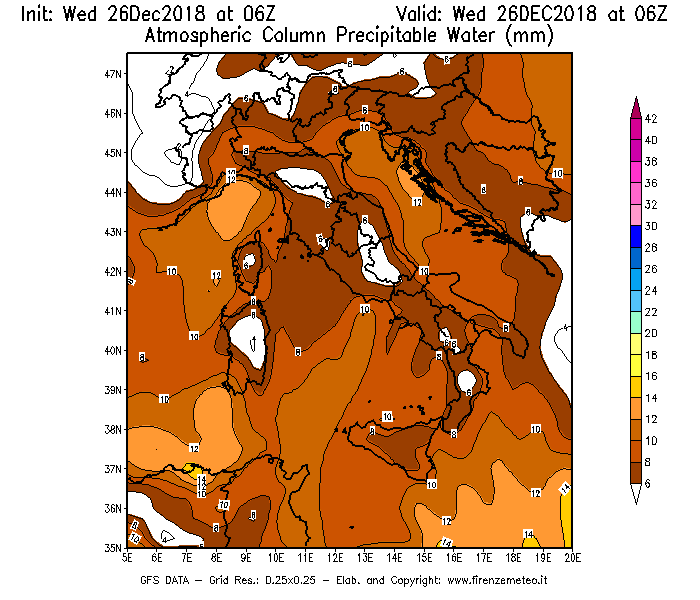 Mappa di analisi GFS - Precipitable Water [mm] in Italia
							del 26/12/2018 06 <!--googleoff: index-->UTC<!--googleon: index-->
