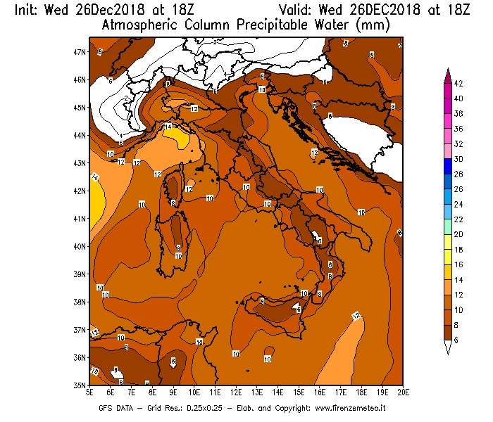 Mappa di analisi GFS - Precipitable Water [mm] in Italia
							del 26/12/2018 18 <!--googleoff: index-->UTC<!--googleon: index-->