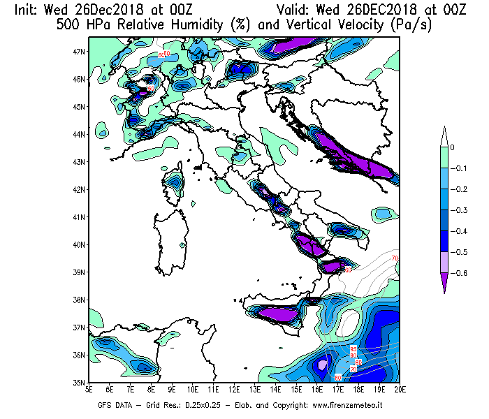 Mappa di analisi GFS - Umidità relativa [%] e Omega [Pa/s] a 500 hPa in Italia
							del 26/12/2018 00 <!--googleoff: index-->UTC<!--googleon: index-->