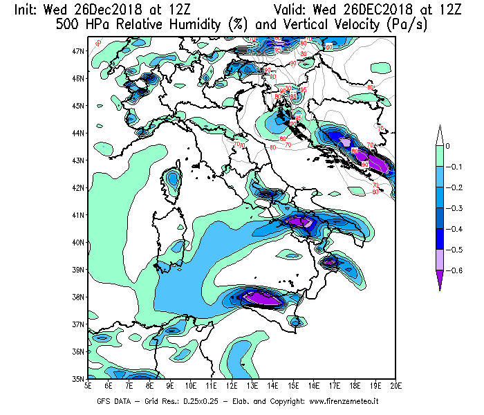 Mappa di analisi GFS - Umidità relativa [%] e Omega [Pa/s] a 500 hPa in Italia
							del 26/12/2018 12 <!--googleoff: index-->UTC<!--googleon: index-->