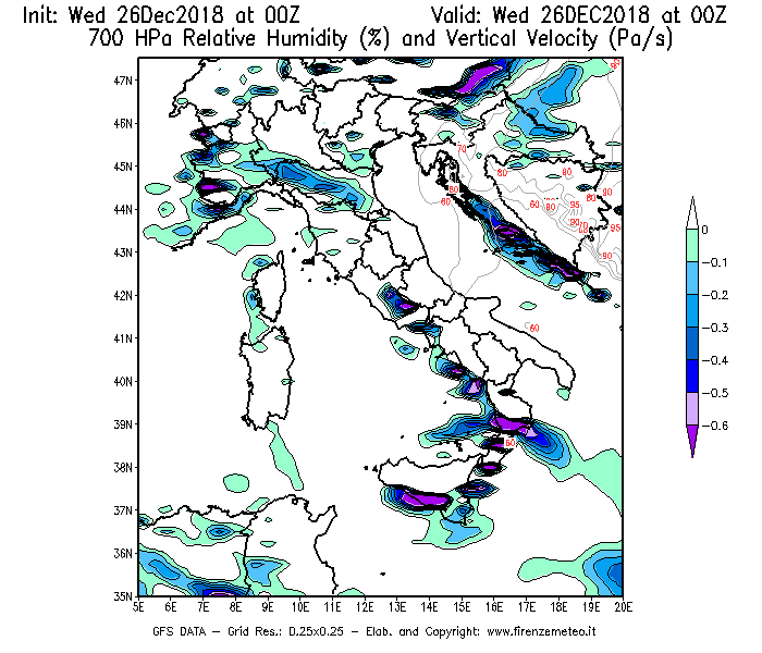 Mappa di analisi GFS - Umidità relativa [%] e Omega [Pa/s] a 700 hPa in Italia
							del 26/12/2018 00 <!--googleoff: index-->UTC<!--googleon: index-->