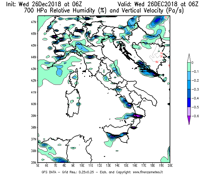 Mappa di analisi GFS - Umidità relativa [%] e Omega [Pa/s] a 700 hPa in Italia
							del 26/12/2018 06 <!--googleoff: index-->UTC<!--googleon: index-->