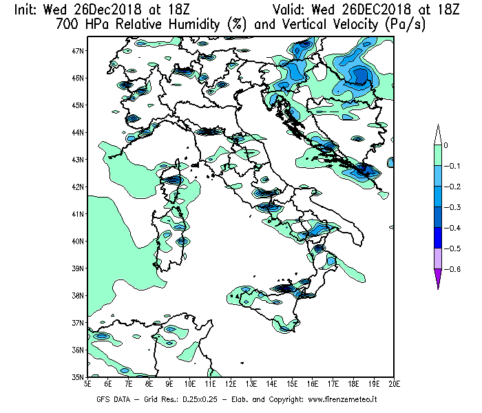 Mappa di analisi GFS - Umidità relativa [%] e Omega [Pa/s] a 700 hPa in Italia
							del 26/12/2018 18 <!--googleoff: index-->UTC<!--googleon: index-->