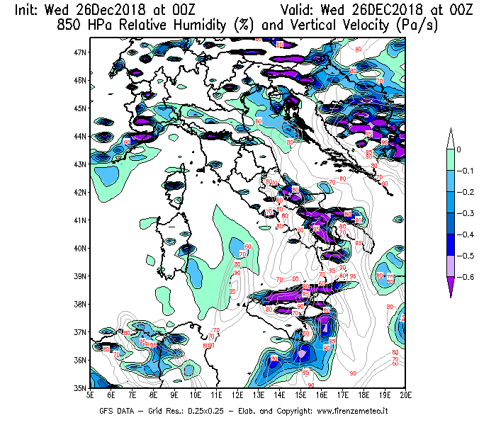 Mappa di analisi GFS - Umidità relativa [%] e Omega [Pa/s] a 850 hPa in Italia
							del 26/12/2018 00 <!--googleoff: index-->UTC<!--googleon: index-->