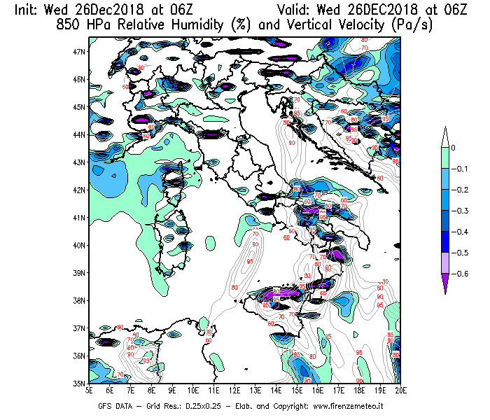 Mappa di analisi GFS - Umidità relativa [%] e Omega [Pa/s] a 850 hPa in Italia
							del 26/12/2018 06 <!--googleoff: index-->UTC<!--googleon: index-->
