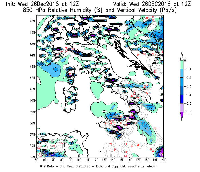 Mappa di analisi GFS - Umidità relativa [%] e Omega [Pa/s] a 850 hPa in Italia
							del 26/12/2018 12 <!--googleoff: index-->UTC<!--googleon: index-->
