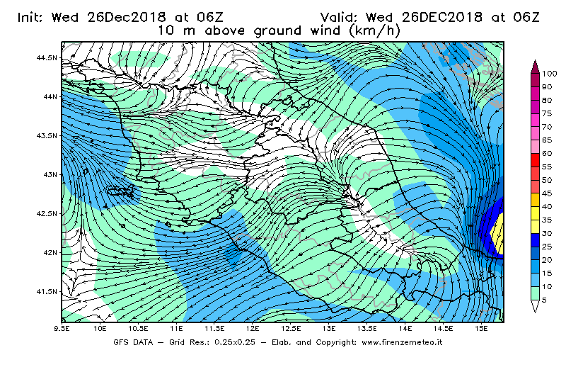 Mappa di analisi GFS - Velocità del vento a 10 metri dal suolo [km/h] in Centro-Italia
							del 26/12/2018 06 <!--googleoff: index-->UTC<!--googleon: index-->