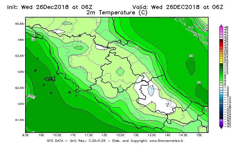 Mappa di analisi GFS - Temperatura a 2 metri dal suolo [°C] in Centro-Italia
							del 26/12/2018 06 <!--googleoff: index-->UTC<!--googleon: index-->