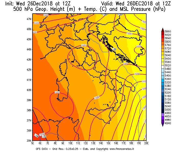 Mappa di analisi GFS - Geopotenziale [m] + Temp. [°C] a 500 hPa + Press. a livello del mare [hPa] in Italia
							del 26/12/2018 12 <!--googleoff: index-->UTC<!--googleon: index-->