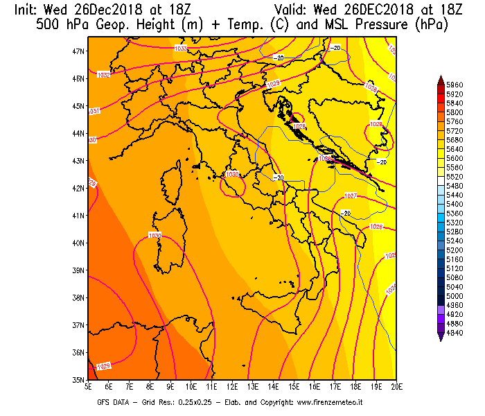 Mappa di analisi GFS - Geopotenziale [m] + Temp. [°C] a 500 hPa + Press. a livello del mare [hPa] in Italia
							del 26/12/2018 18 <!--googleoff: index-->UTC<!--googleon: index-->