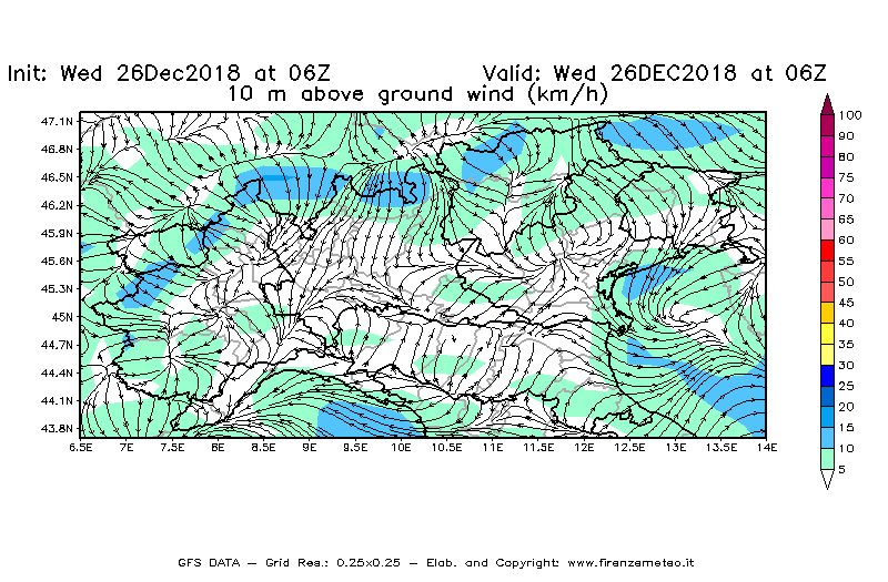 Mappa di analisi GFS - Velocità del vento a 10 metri dal suolo [km/h] in Nord-Italia
							del 26/12/2018 06 <!--googleoff: index-->UTC<!--googleon: index-->