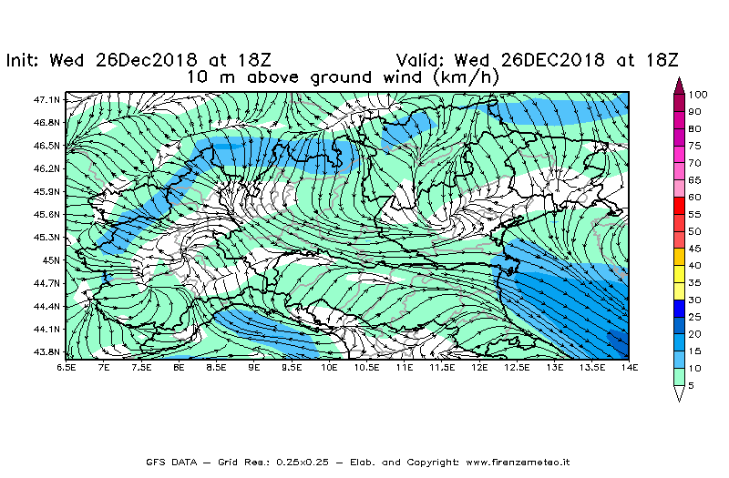 Mappa di analisi GFS - Velocità del vento a 10 metri dal suolo [km/h] in Nord-Italia
							del 26/12/2018 18 <!--googleoff: index-->UTC<!--googleon: index-->