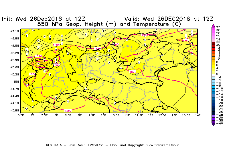 Mappa di analisi GFS - Geopotenziale [m] e Temperatura [°C] a 850 hPa in Nord-Italia
							del 26/12/2018 12 <!--googleoff: index-->UTC<!--googleon: index-->