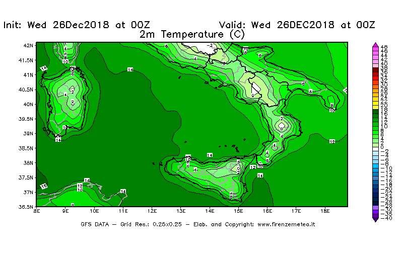 Mappa di analisi GFS - Temperatura a 2 metri dal suolo [°C] in Sud-Italia
							del 26/12/2018 00 <!--googleoff: index-->UTC<!--googleon: index-->