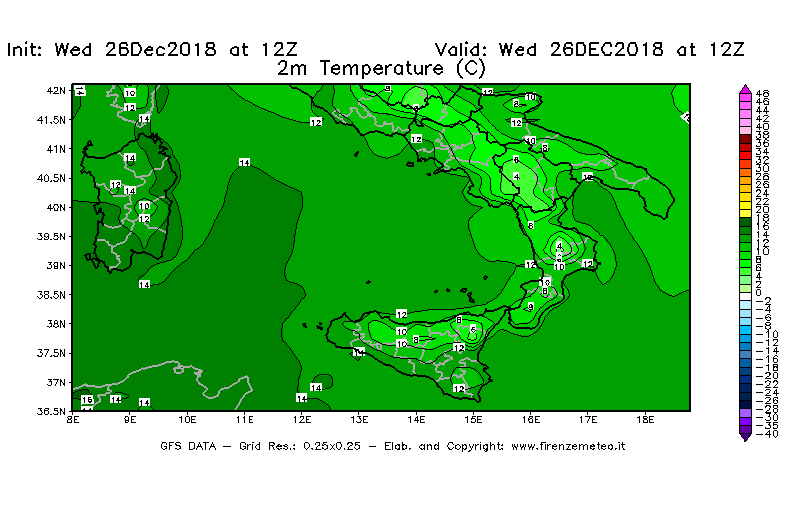 Mappa di analisi GFS - Temperatura a 2 metri dal suolo [°C] in Sud-Italia
							del 26/12/2018 12 <!--googleoff: index-->UTC<!--googleon: index-->