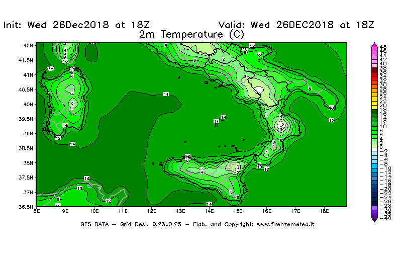 Mappa di analisi GFS - Temperatura a 2 metri dal suolo [°C] in Sud-Italia
							del 26/12/2018 18 <!--googleoff: index-->UTC<!--googleon: index-->