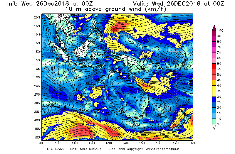 Mappa di analisi GFS - Velocità del vento a 10 metri dal suolo [km/h] in Oceania
							del 26/12/2018 00 <!--googleoff: index-->UTC<!--googleon: index-->