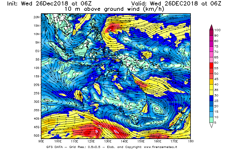 Mappa di analisi GFS - Velocità del vento a 10 metri dal suolo [km/h] in Oceania
							del 26/12/2018 06 <!--googleoff: index-->UTC<!--googleon: index-->