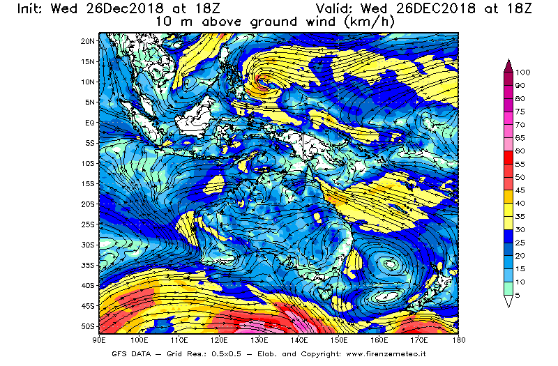 Mappa di analisi GFS - Velocità del vento a 10 metri dal suolo [km/h] in Oceania
							del 26/12/2018 18 <!--googleoff: index-->UTC<!--googleon: index-->
