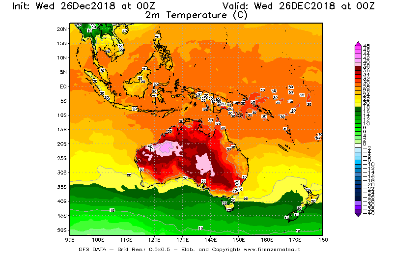 Mappa di analisi GFS - Temperatura a 2 metri dal suolo [°C] in Oceania
							del 26/12/2018 00 <!--googleoff: index-->UTC<!--googleon: index-->