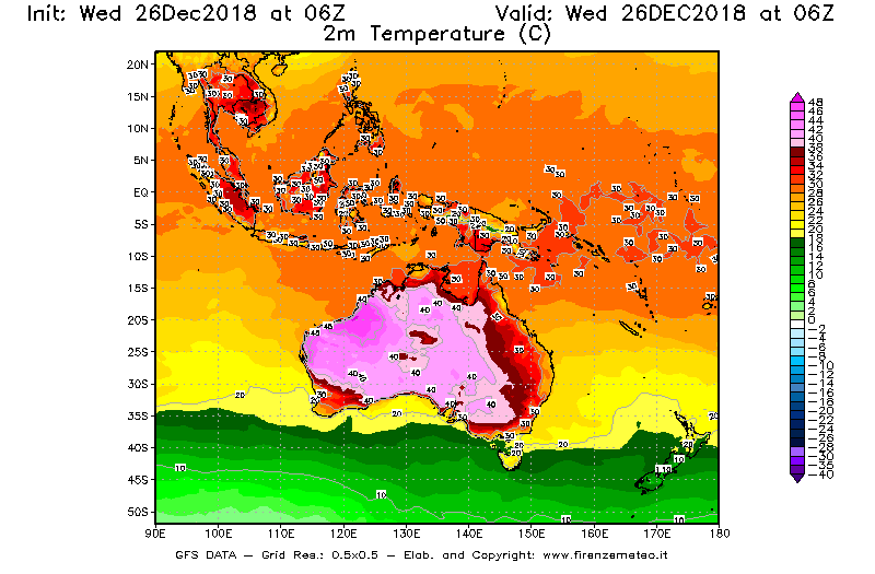 Mappa di analisi GFS - Temperatura a 2 metri dal suolo [°C] in Oceania
							del 26/12/2018 06 <!--googleoff: index-->UTC<!--googleon: index-->