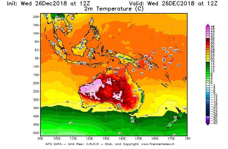 Mappa di analisi GFS - Temperatura a 2 metri dal suolo [°C] in Oceania
							del 26/12/2018 12 <!--googleoff: index-->UTC<!--googleon: index-->