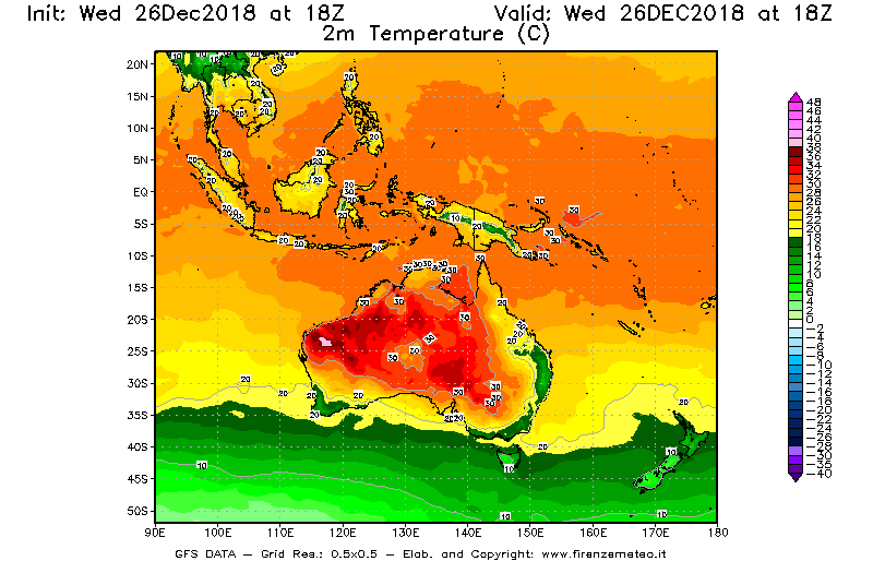 Mappa di analisi GFS - Temperatura a 2 metri dal suolo [°C] in Oceania
							del 26/12/2018 18 <!--googleoff: index-->UTC<!--googleon: index-->