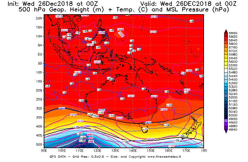 Mappa di analisi GFS - Geopotenziale [m] + Temp. [°C] a 500 hPa + Press. a livello del mare [hPa] in Oceania
							del 26/12/2018 00 <!--googleoff: index-->UTC<!--googleon: index-->