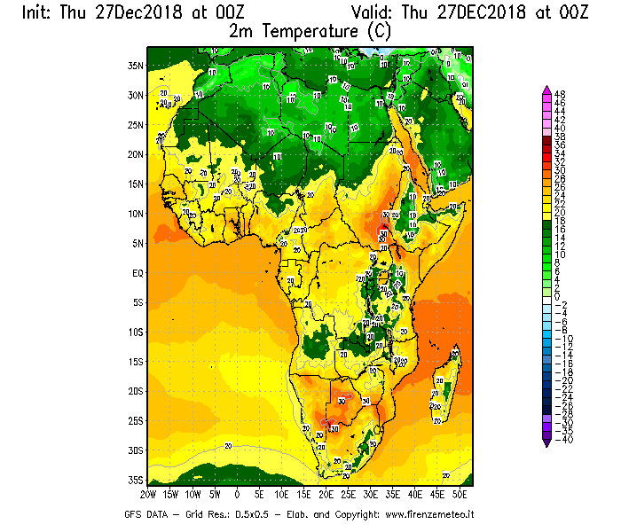 Mappa di analisi GFS - Temperatura a 2 metri dal suolo [°C] in Africa
									del 27/12/2018 00 <!--googleoff: index-->UTC<!--googleon: index-->
