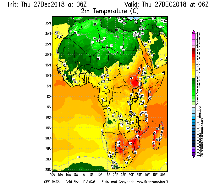 Mappa di analisi GFS - Temperatura a 2 metri dal suolo [°C] in Africa
									del 27/12/2018 06 <!--googleoff: index-->UTC<!--googleon: index-->