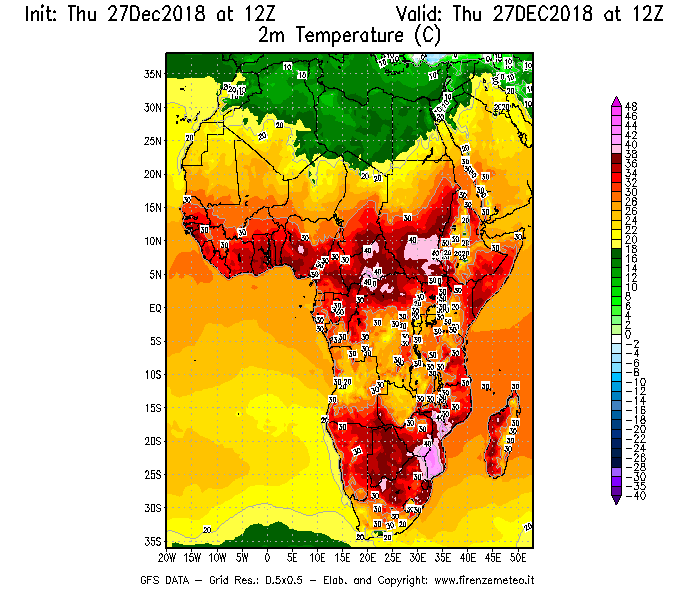 Mappa di analisi GFS - Temperatura a 2 metri dal suolo [°C] in Africa
									del 27/12/2018 12 <!--googleoff: index-->UTC<!--googleon: index-->