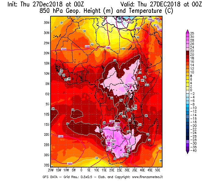Mappa di analisi GFS - Geopotenziale [m] e Temperatura [°C] a 850 hPa in Africa
									del 27/12/2018 00 <!--googleoff: index-->UTC<!--googleon: index-->