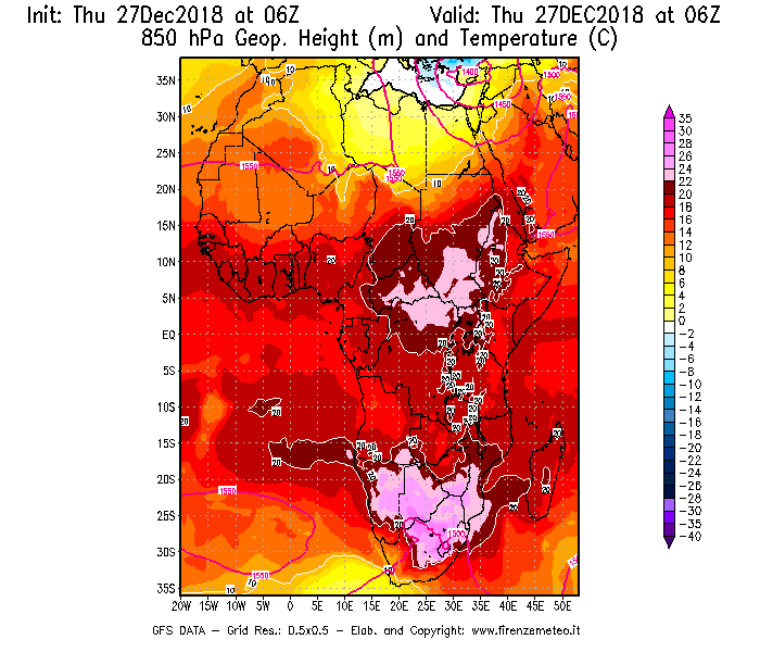 Mappa di analisi GFS - Geopotenziale [m] e Temperatura [°C] a 850 hPa in Africa
									del 27/12/2018 06 <!--googleoff: index-->UTC<!--googleon: index-->