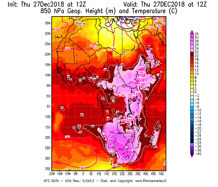 Mappa di analisi GFS - Geopotenziale [m] e Temperatura [°C] a 850 hPa in Africa
									del 27/12/2018 12 <!--googleoff: index-->UTC<!--googleon: index-->